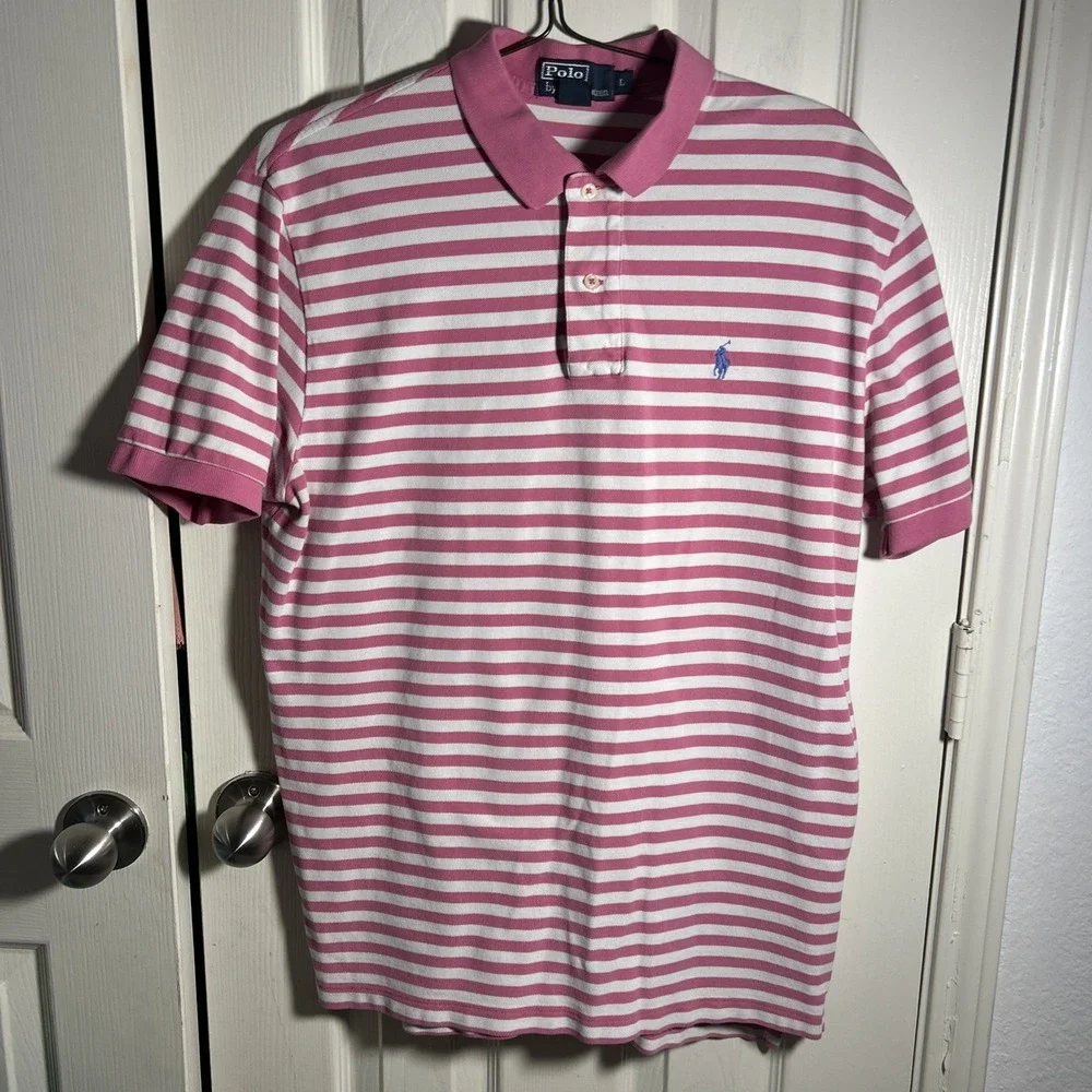Vintage Polo Ralph Lauren Mens L Striped Polo Shirt Pink White
